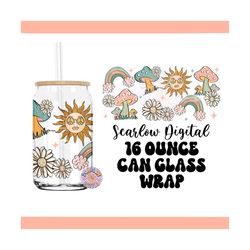 groovy 16 ounce can glass wrap png, sunshine can glass png, rainbow can glass png design, daisy can glass wrap, mushroom