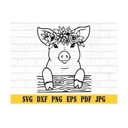 pig svg file, pig with flower crown svg, pig cut file, animal face, floral crown, pig with flowers on head, cute pig svg