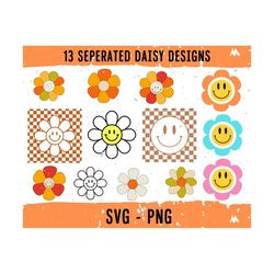 retro daisy smile face svg bundle, digital download flower, daisy svg, smile face, flower for cricut, daisy for silhoue