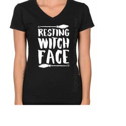 resting witch face women v-neck t shirt halloween shirt graphic tee halloween costume idea party funny broom witch cloth