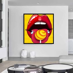 woman licking lollipop canvas print art, woman with red lips canvas wall decor, yellow lollipop canvas print, gift canva