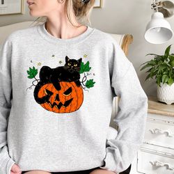 black cat playing with pumpkin sweatshirt, halloween cat shirt, pumpkin sweatshirt, spooky season shirt, fall sweatshirt