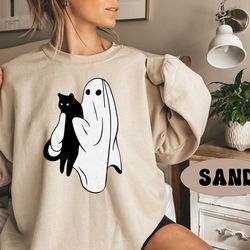 ghost cat sweatshirt, cat halloween shirt, halloween gifts for cat lovers, cute ghost holding black cat shirt, spooky ca