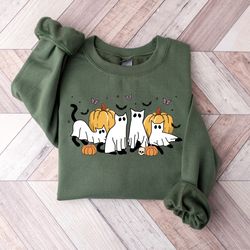 ghost cat sweatshirt, pumpkin season cat halloween shirt, halloween gift for cat lovers, cute black cat shirt, spooky ca