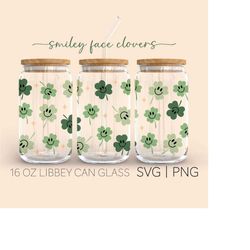 Smiley Face Clovers  16 Oz Glass Can Cut File, Clover Svg, St Patricks Day Svg, Shamrock Svg, Lucky Svg, Instant Digital