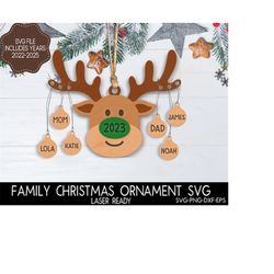 reindeer family christmas ornament svg laser file, christmas 2023 svg, family name ornament, reindeer christmas decor, g