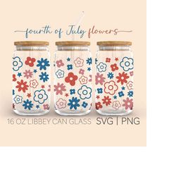 fourth of july flowers 16 oz glass can cut file, retro flowers svg, america svg, independence day svg, svg png files di