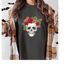 floral skull shirt, flower skull tshirt, gobblincore boho graphic tee, bloom skull fall halloween shirt, oversized witch