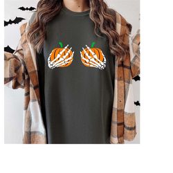 skeleton pumpkin hand t-shirt, hand bra tshirt, funny halloween shirt, skeleton boob hand shirt, halloween party shirt,