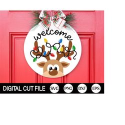 reindeer welcome sign svg, christmas door hanger svg, christmas light svg, round christmas sign home decor, glowforge la