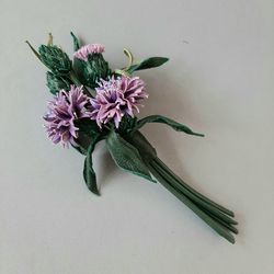 Lilac cornflower leather brooch for her, Leather jewelry, 3rd anniversary gift for wife