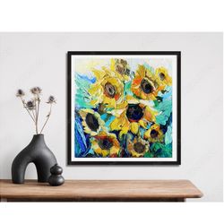Sunflower Oil Painting Floral Original Art Flower Artwork Shabby Chick Baroque Ornate Impasto Textured Abstract
