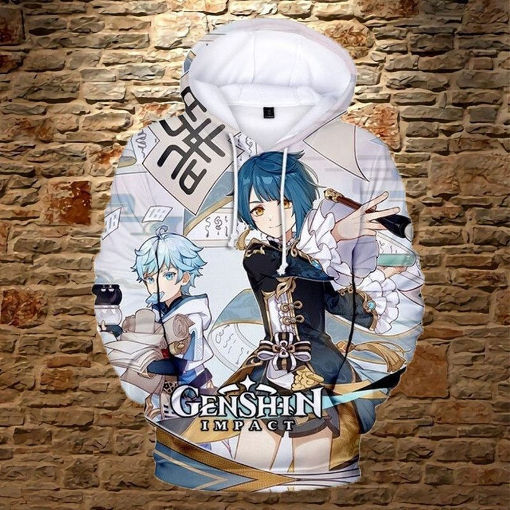 Chongyun Xingqiu All Over Print 3D Hoodie Zip Hoodie, Chongyun Xingqiu Genshin Impact 3D Hoodie Zip Hoodie Fleece Hoodie