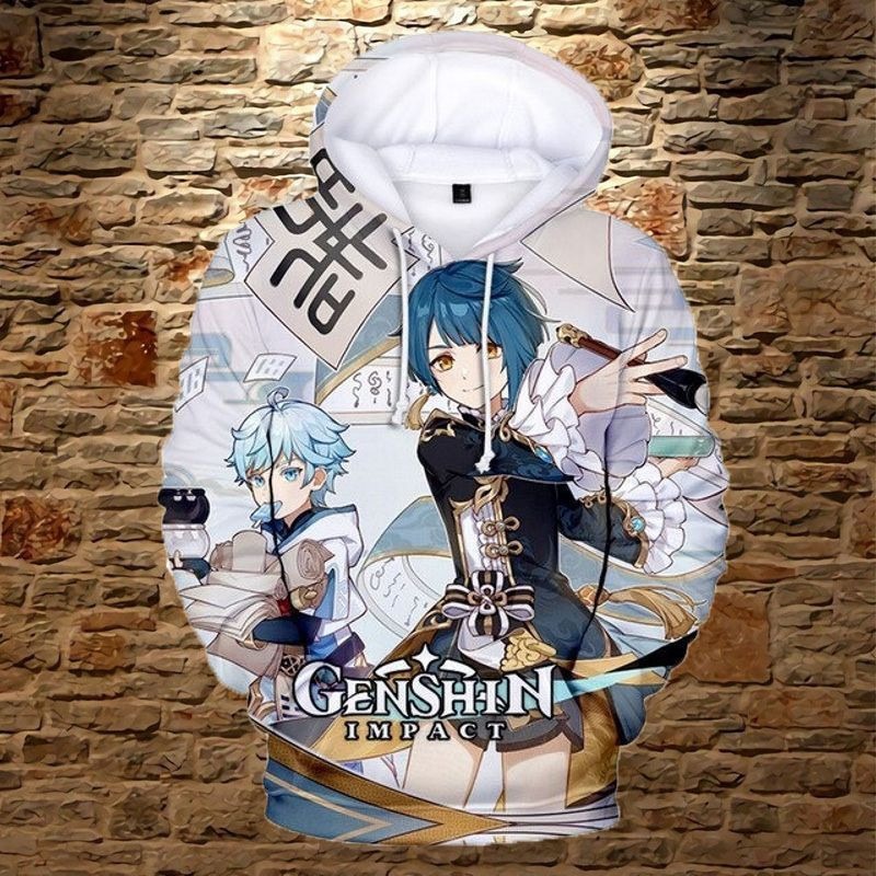 Chongyun Xingqiu All Over Print 3D Hoodie Zip Hoodie, Chongyun Xingqiu Genshin Impact 3D Hoodie Zip Hoodie Fleece Hoodie