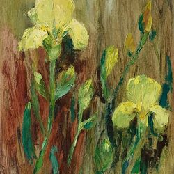 Yellow irises original oil painting on canvas on cardboard flowers wall art