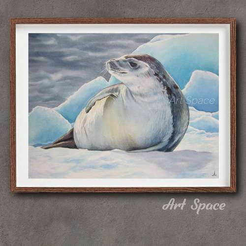 Original watercolor painting **Seal**, decoration for office, animal, ice, playroom, picture with animal. blue painting,