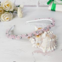 Pink crystals Quartz headband for wedding Bridal gemstone headpiece Jeweled embellished tiara crown Women pink hairband