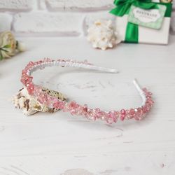 Crystals Cherry Quartz wedding headband Bridal gemstone pink hair accessories, Embellished crown Women beaded hair piece