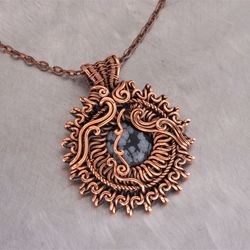 Wire wrapped copper pendant this natural snowflake obsidian Large necklace for her WireWrapArt copper jewelry Gift idea