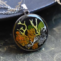 Real lichen pendant. Forest necklace. Dried mushroom jewelry.