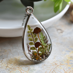 Real mushrooms necklace. Forest pendant. Dried mushroom jewelry.