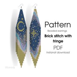 Beaded earrings MOON PATTERN for brick stitch with fringe - Night sky - Instant download