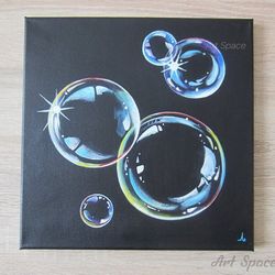 Original Painting on Canvas Acrylic Wall Art Photorealism "Bubbles" Home Interior soap bubbles black painting