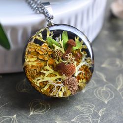 Real mushrooms and lichen pendant. Forest pendant. Dried mushroom jewelry.