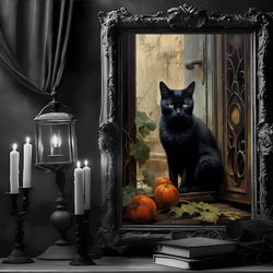 black cat in the doorway poster, dark romantic creepy, horror spooky cute, wall art halloween poster.jpg