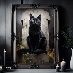 black cat on a headstone poster, dark romantic black cat standing on a headstone creepy, horror spooky cute, wall art ha