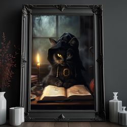black cat reading book poster, dark romantic ghost standing in witch's room creepy, horror spooky cute, wall art hallowe