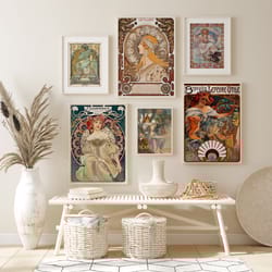 alphonse mucha set of 6 prints, mucha exhibition art poster set, vintage gallery wall art set, art nouveau portrait prin