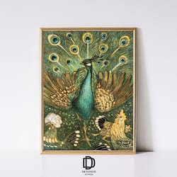artful peacock art print, vintage peacock painting poster, artful bird wall art, birding art print, vintage printable ar