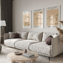 picasso set of 3 animal art print, vintage picasso line art dog poster, minimalist picasso exhibition poster set, picass