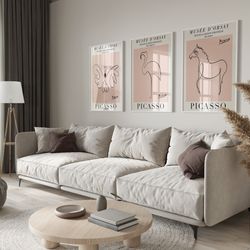 picasso set of 3 animal art print, vintage picasso line art poster, pink minimalist picasso exhibition poster set, picas