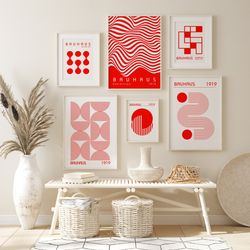 red bauhaus geometric poster set of 6, bauhaus retro wall art, bauhaus exhibition print, modern mid century printable ar