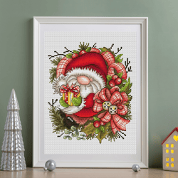 Holiday gnome cross stitch pattern PDF, Christmas gnome, Christmas cross stitch, Gnome with gift, Winter cross stitch
