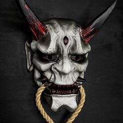 Black and White Oni Mask with Rope, Wall Oni mask, Oni mask wear, Kabuki mask