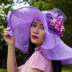 purple sinamay hat, Wide brim sinamay hat, Royal Ascot hat, wedding guest hat