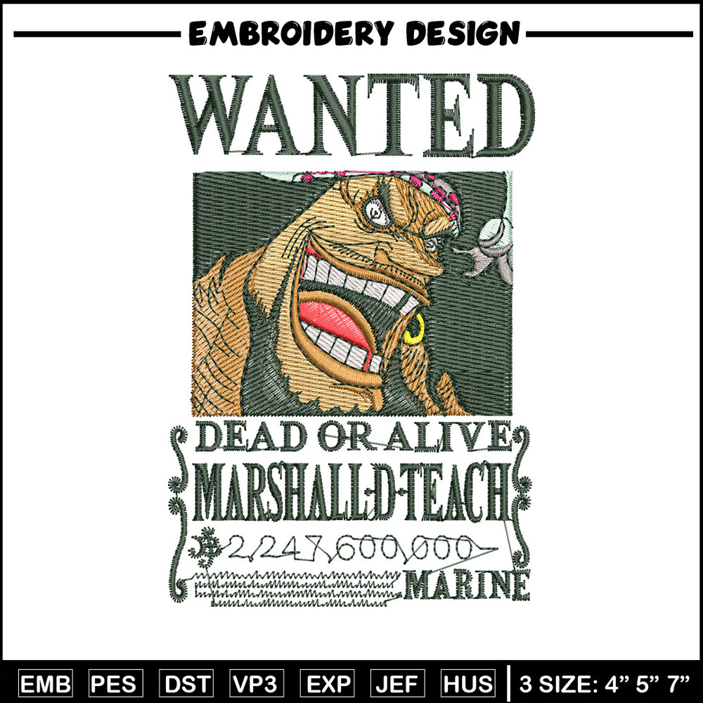Teach bounty embroidery design, One piece embroidery, Anime design, Embroidery shirt, Embroidery file, Digital download.jpg