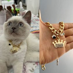 Crown Shaped Cat tag custom made, Chain Cat Collar with Tag Name,Personalized Cuban Link Cat Necklace,cuban link pet cat