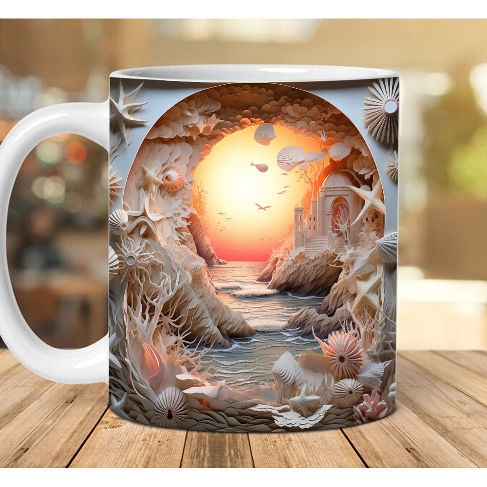 3D Beach Landscape at Sunset Mug Wrap Design, 3D Seashells Ocean Mug Wrap Png, 3D Mug Design 11oz 15oz Wrap 3D Carved Png Digital Downloads - 1.jpg