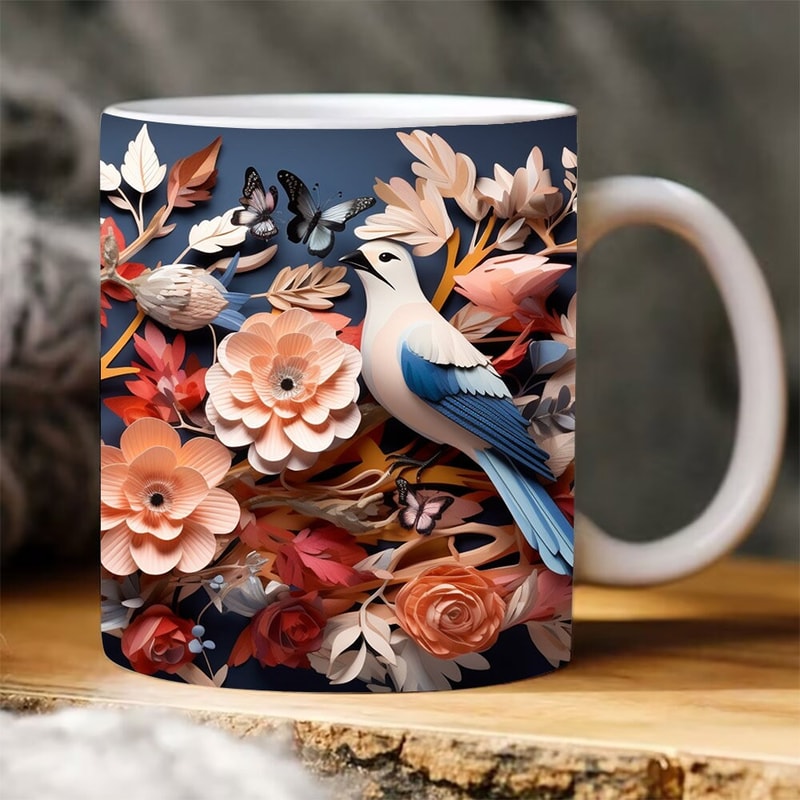 3D Birds Flowers Mug, 3D Bright Flower Mug, 11oz, 15 Oz Mug Sublimation Design, Embossed Flowers, 3D Wild Flowers Mug Sublimation Design - 1.jpg