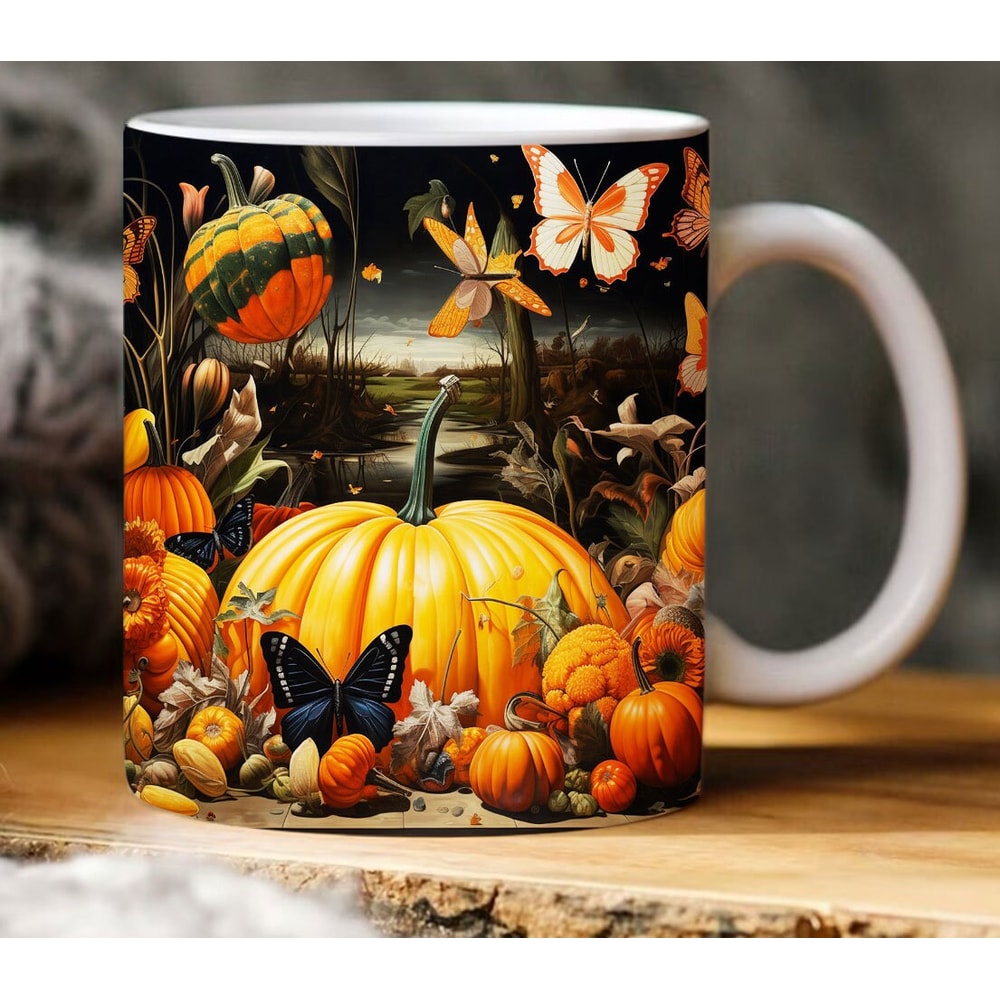 3D Boho Pumpkin Butterflies Mug Wrap, 3D Pumpkin Mug Wrap, 3D Pumpkin 11oz 15oz Mug Sublimation, Halloween Season Mug Design - 1.jpg