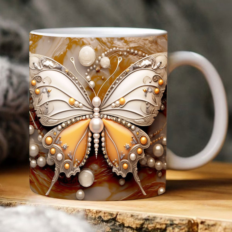 3D Butterfly Mug Wrap, 3D Pearl Rhinestone Butterfly Mug Design Sublimation Coffee Mug PNG 11oz,15oz Mug Sublimation Png Wedding Mug - 1.jpg