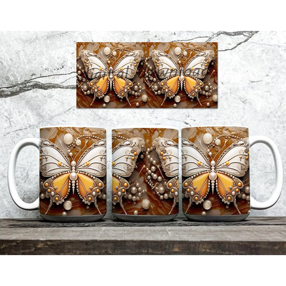 3D Butterfly Mug Wrap, 3D Pearl Rhinestone Butterfly Mug Design Sublimation Coffee Mug PNG 11oz,15oz Mug Sublimation Png Wedding Mug - 2.jpg