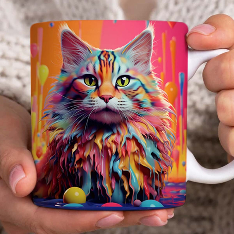 3D Cat Painting Mug Wrap Sublimation, 3D Cat Colorful Mug Wrap, 3D Animal Mug Design, 11oz,15oz Mug Sublimation Wrap, Digital Download - 1.jpg