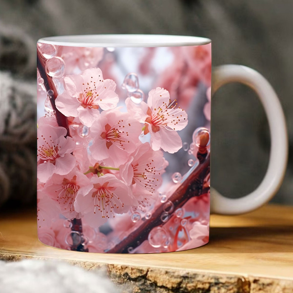 3D Cherry Blossom Floral Mug Wrap Sublimation Design, 3D Mug Design, Floral Mug PNG, 11oz,15oz Mug Sublimation Wrap, Digital Download - 1.jpg