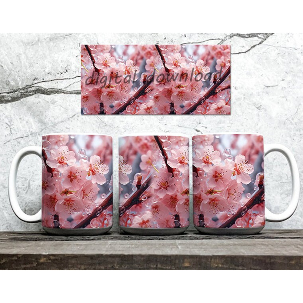 3D Cherry Blossom Floral Mug Wrap Sublimation Design, 3D Mug Design, Floral Mug PNG, 11oz,15oz Mug Sublimation Wrap, Digital Download - 2.jpg
