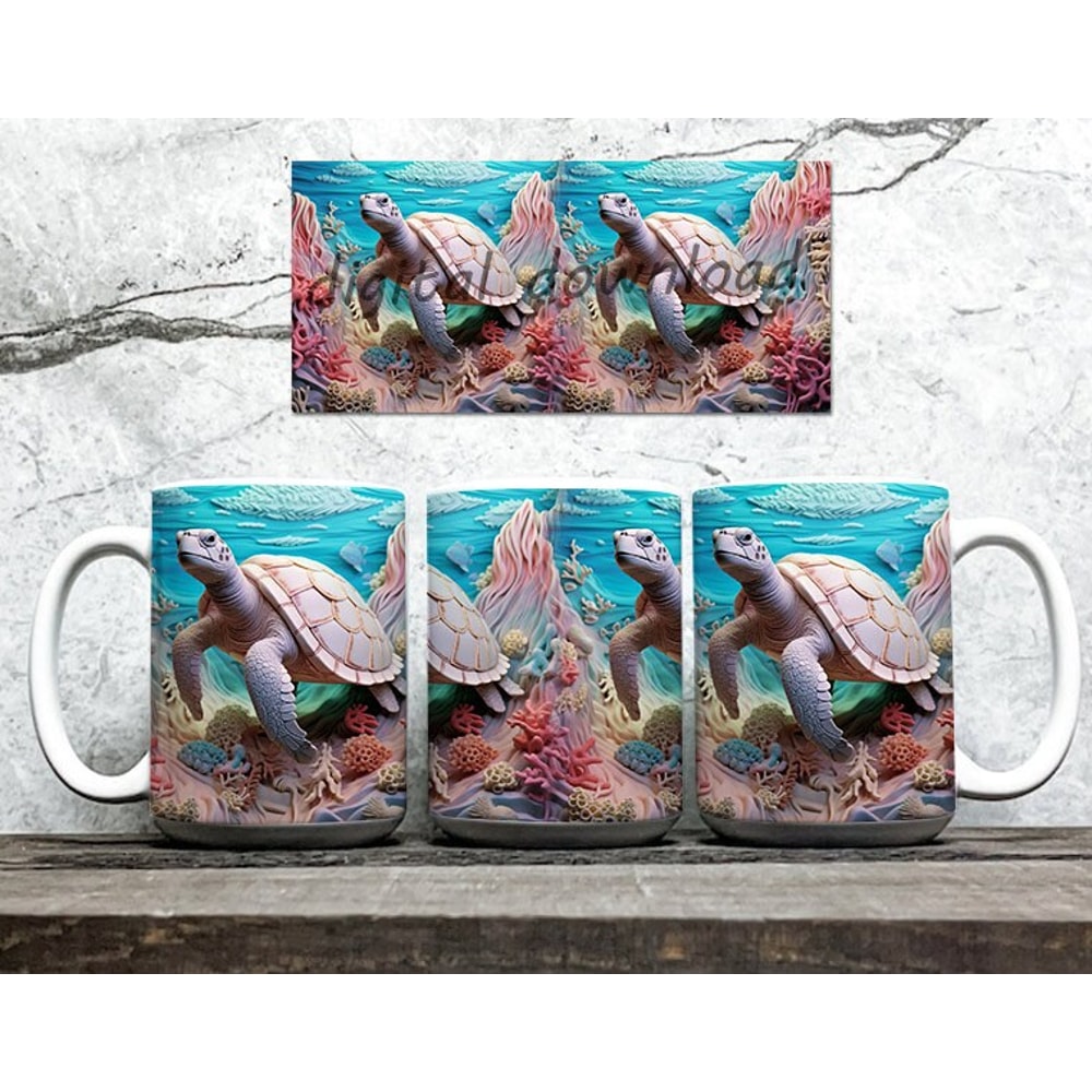3D Colorful Sea Turtle Mug Sublimation PNG, 3D Ocean Turtle Mug Design Download PNG, 11oz 15oz Digital Mug Wrap PNG Download - 2.jpg